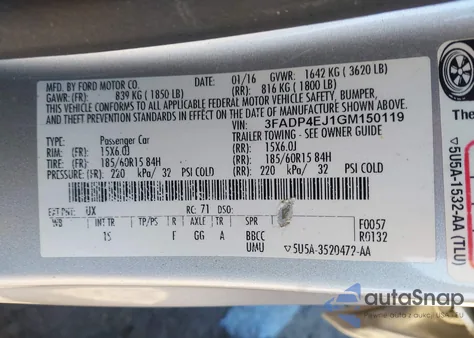 2016 Ford Fiesta Se z USA, uszkodzony, nr VIN 3FADP4EJ1GM150119